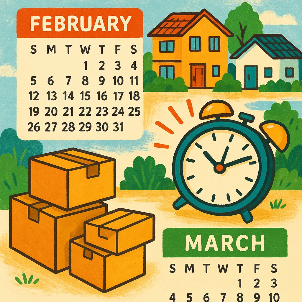 Illustration of a calendar highlighting February and March with symbols of moving boxes and Japanese homes.