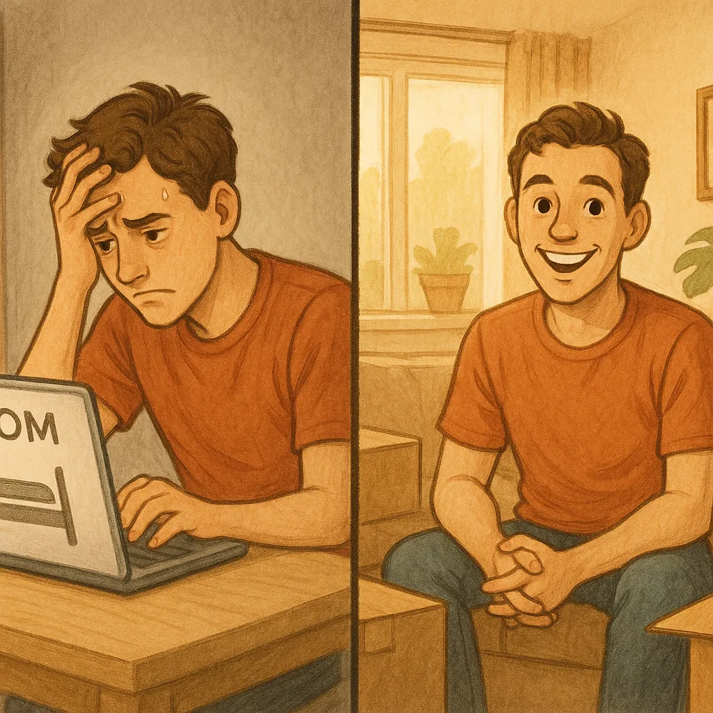 Split image of a person stressed while searching for a room and then happily settled in their new home.
